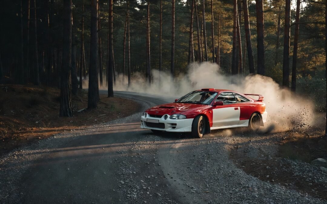 Red and white rally coupe sliding through a gravel forest corner (illustration, AI)